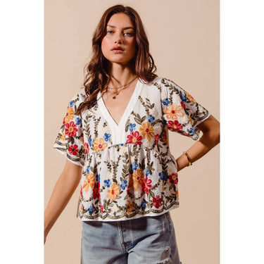 FLORAL EMBROIDERED BABY DOLL BLOUSE TOP